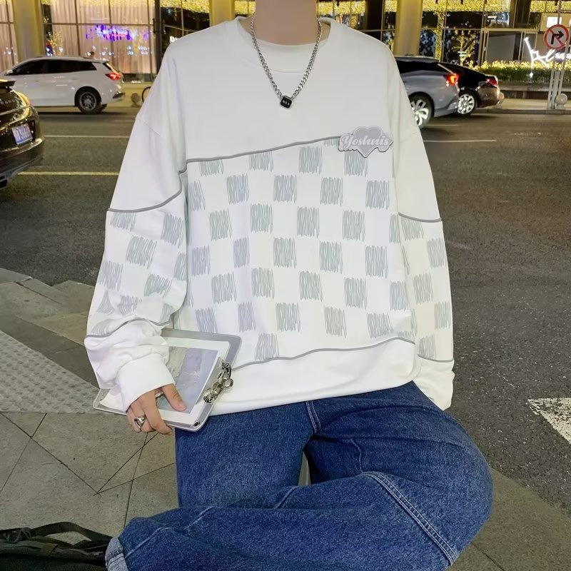SWEATER PRIA BF LONGGAR ALL-MATCH LENGAN PANJANG PASANGAN PULLOVR TOP MUSIM GUGUR STREET TIDE MEREK JAHITAN KOTAK-KOTAK  SWEATER LEHER BULAT WANITA