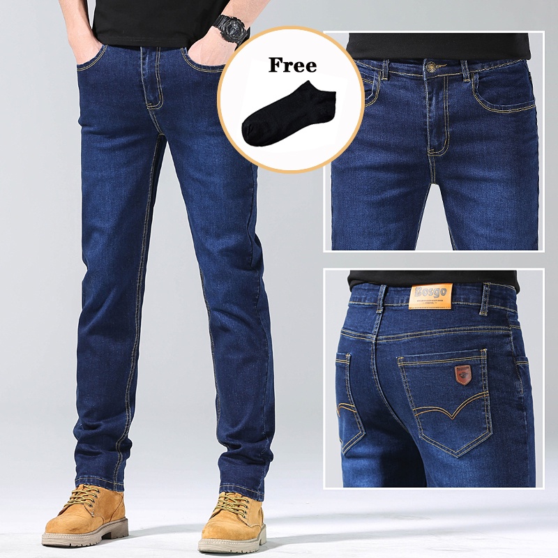 Celana Jeans Pria pajang Karet Melar Celana standar Pria bahan Tipis ringan Polos panjang