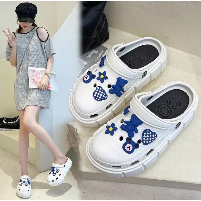 Sandal BAIM BANGKOK JIBBIT TEBAL Import / EVA Sandal Slop Wanita Korean Import Spons Rubber Tebal Tinggi Karet Ringan Super Empuk Anti Slip Wedges Slides include Jibbitz Summer Sandals