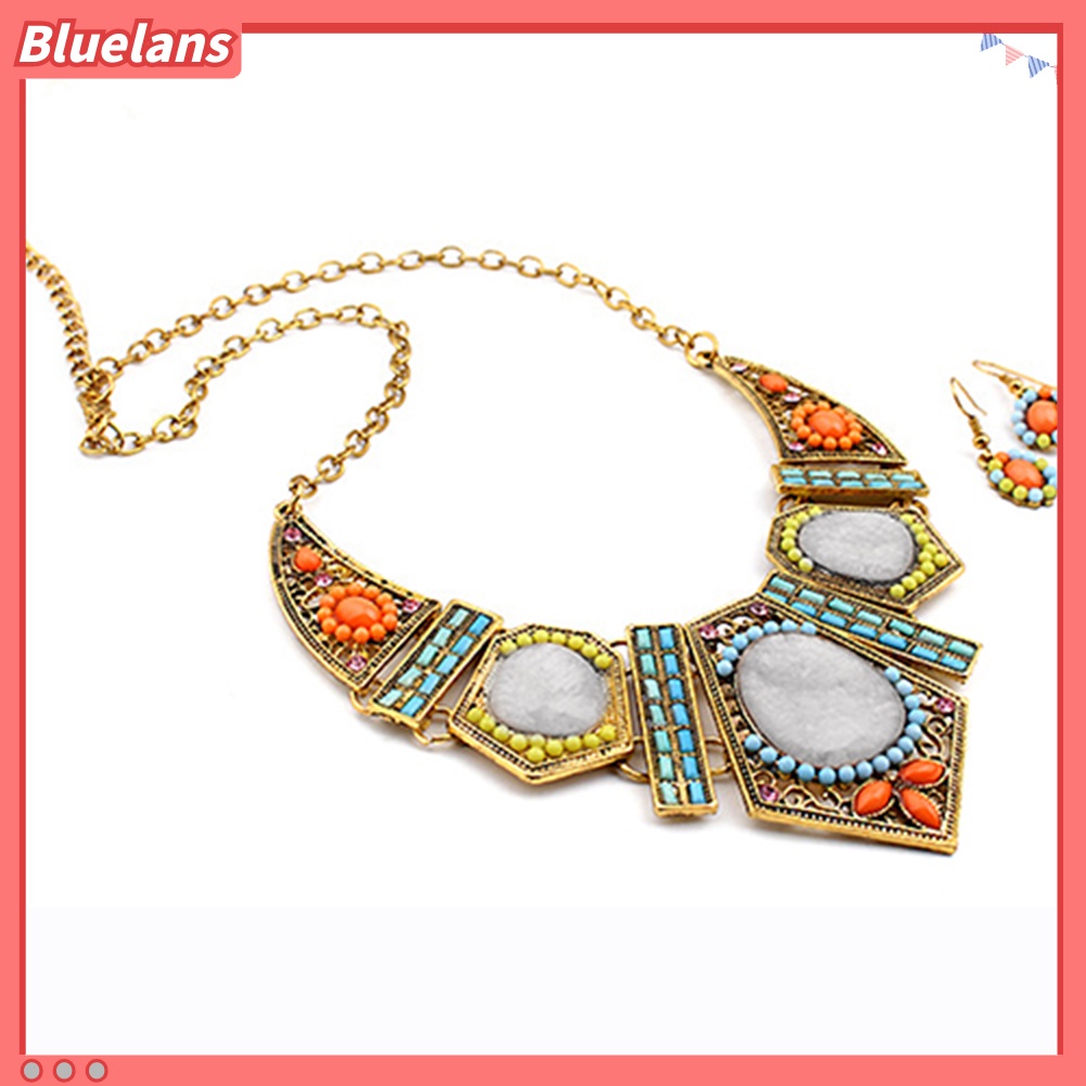 Bluelans Women Boho Colorful Hollow Statement Chain Choker Necklace Hook Earrings Set