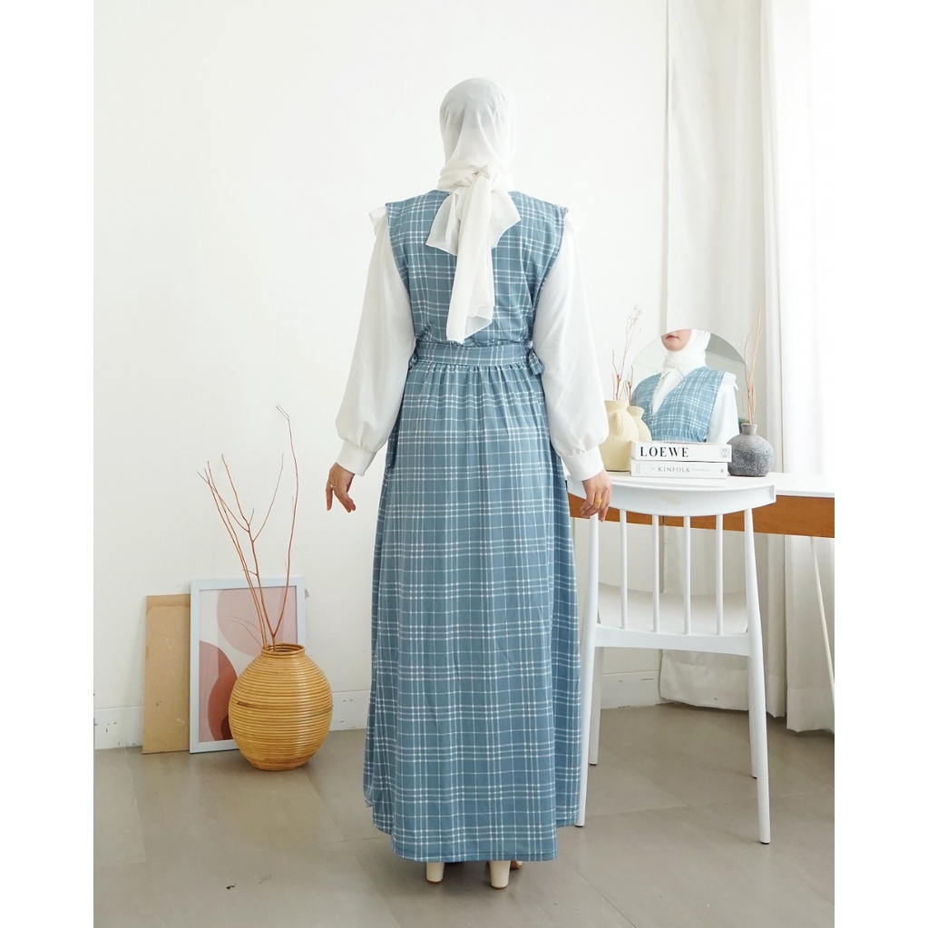 Maxi Dress Pastel Motif Kotak-Kotak | Dress Wanita Pinggang Tali