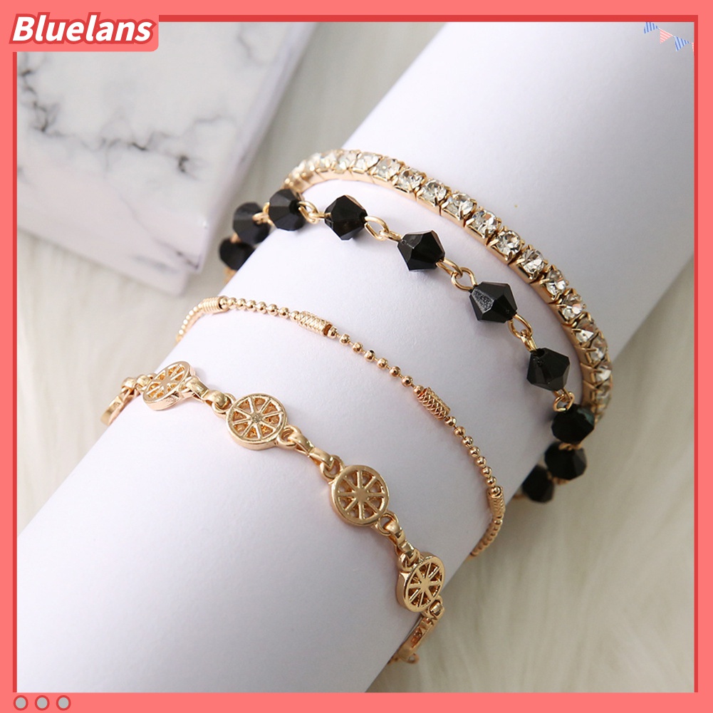 4pcs / Set Gelang Rantai Manik-Manik Berlian Imitasi Multilayer Model Kompas Hollow Untuk Wanita