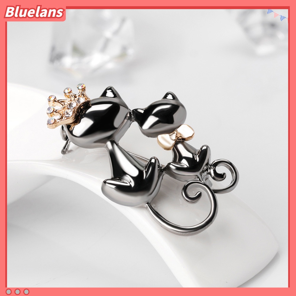 Bluelans Fashion Jewelry Shiny Rhinestone Cute Double Cats Kitten Crown Brooch Pin Gift