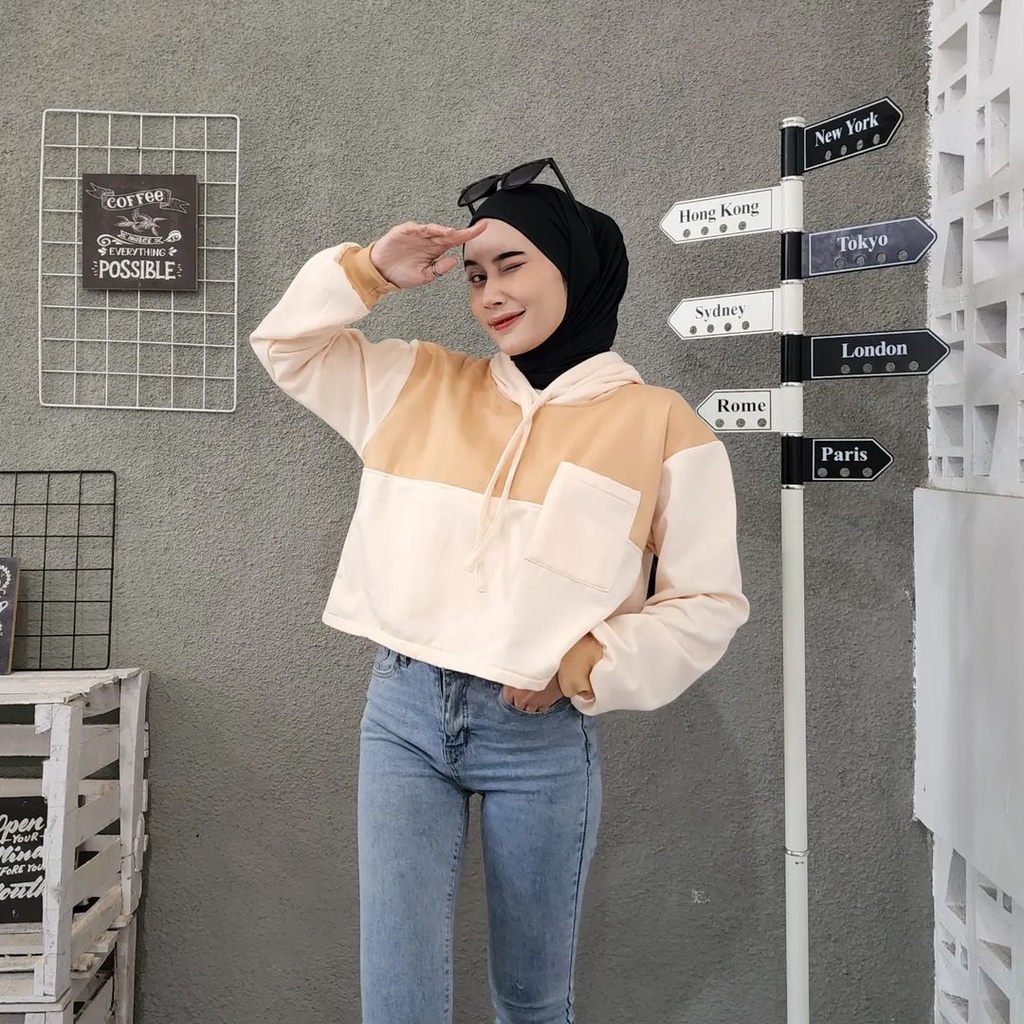 AGNES POCKY Hoodie Croope Sweater Wanita Oversize Sweater Atasan 2 Tone Jacket Terbaru Korean OOTD Kasual Style Fashion Terkini