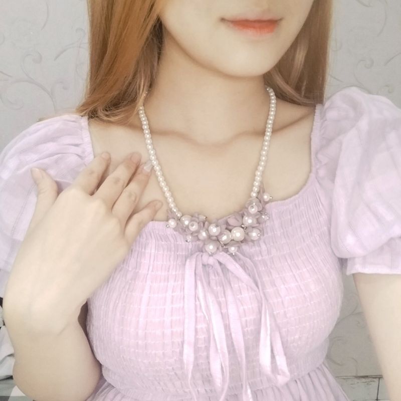 Veera Flowery Pearl Necklace Kalung Pesta Premium Kalung Hijab Mutiara Choker Bunga Flower