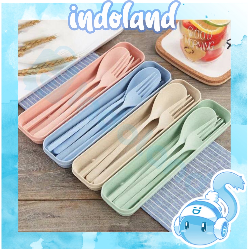 ☀INDOLAND☀ R190 Set Sendok Garpu Sumpit BPA Free Travelling Serat Gandum Wheat Straw