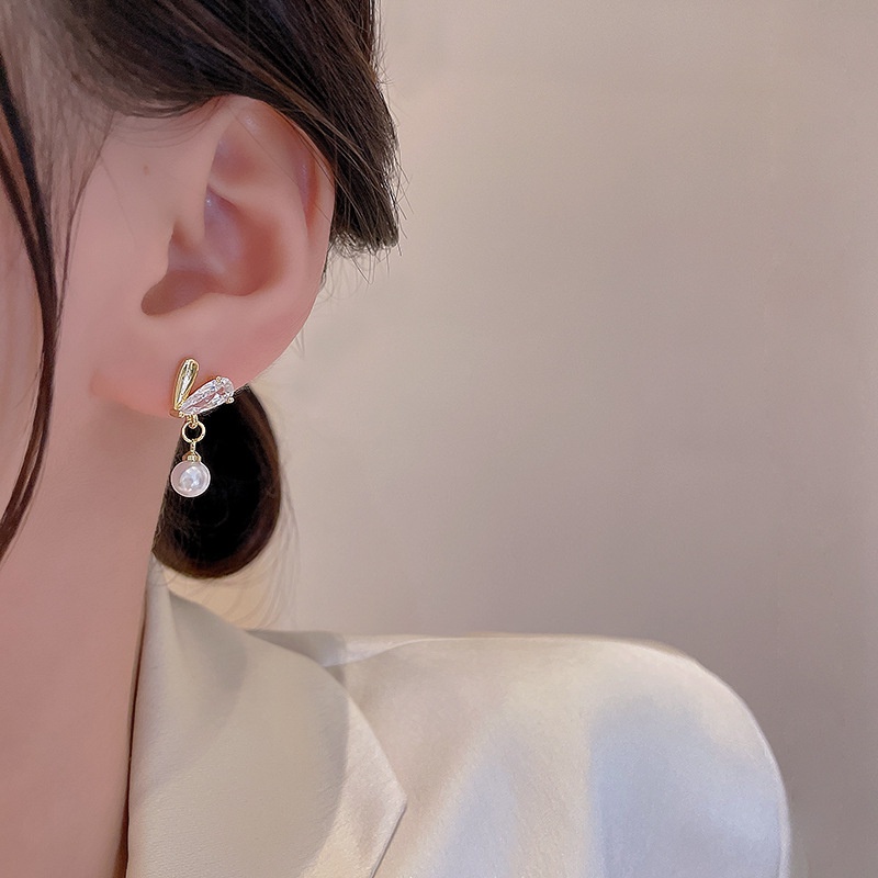 Anting Tusuk Gantung Bahan Sterling silver 925 Desain Hati Hias Zircon + Mutiara High Quality Untuk Wanita
