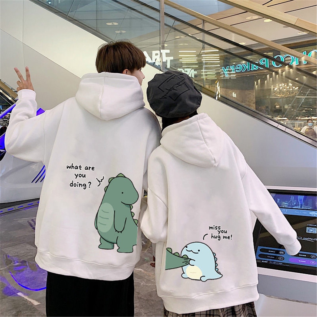 Baju Hangat Modis Musim Gugur Hoodie Dinosaurus Pasangan Atasan Kartun Korea Punk Wanita Hoodie Kawaii Longgar Antik Gadis