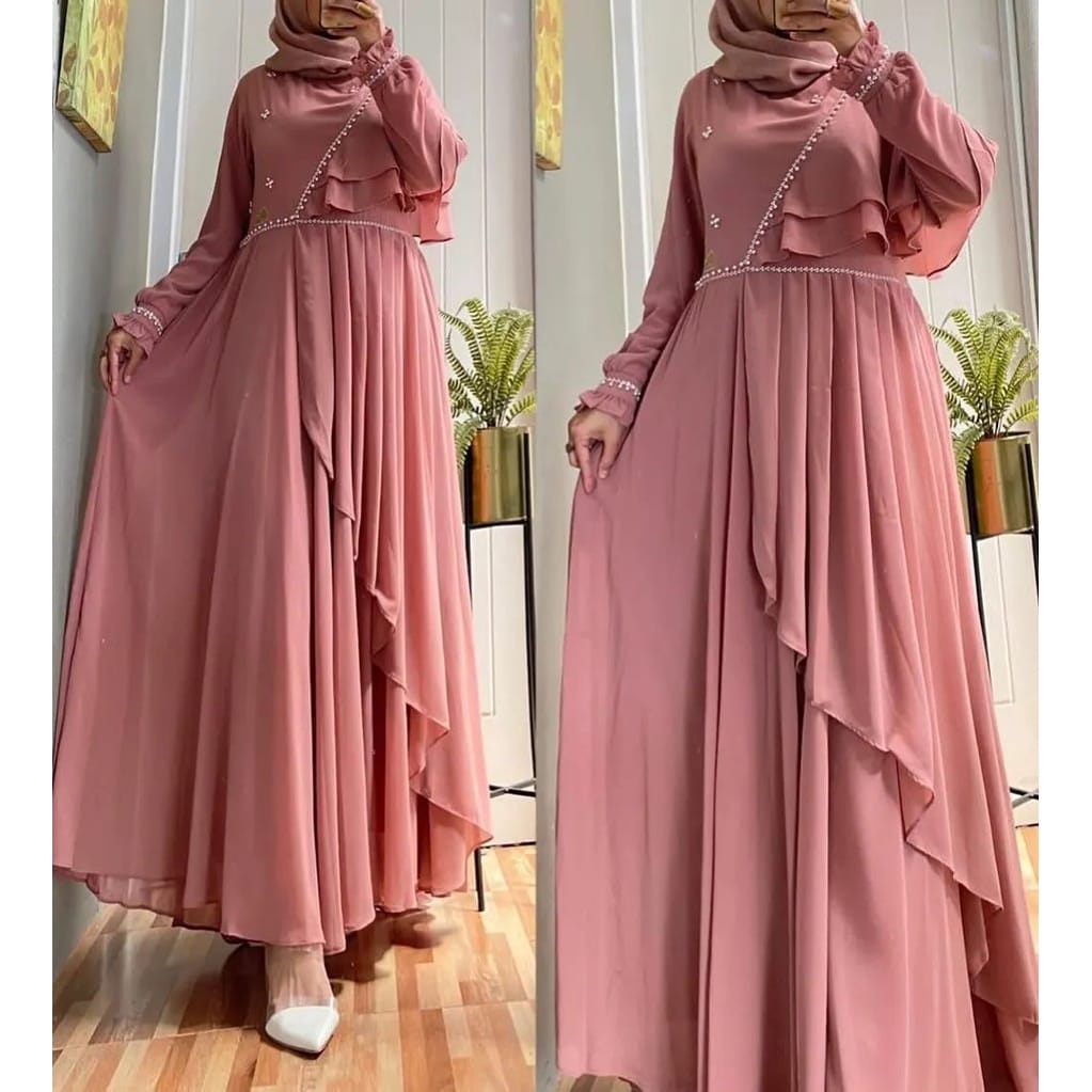 Gamis Putih Wanita Terbaru 2022 Febria Dress Ceruty Babydoll Aksen Mutiara Payet Baju Kondangan Wanita Kekinian Gaun Pesta Muslimah