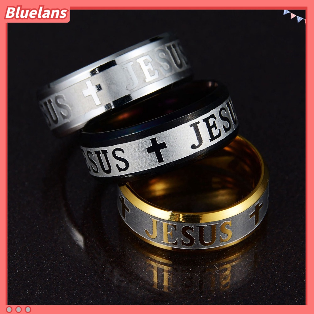 Bluelans Unisex Ring Jesus Cross Letters Engraved Stainless Steel Men Women Christianity Ring Jewelry