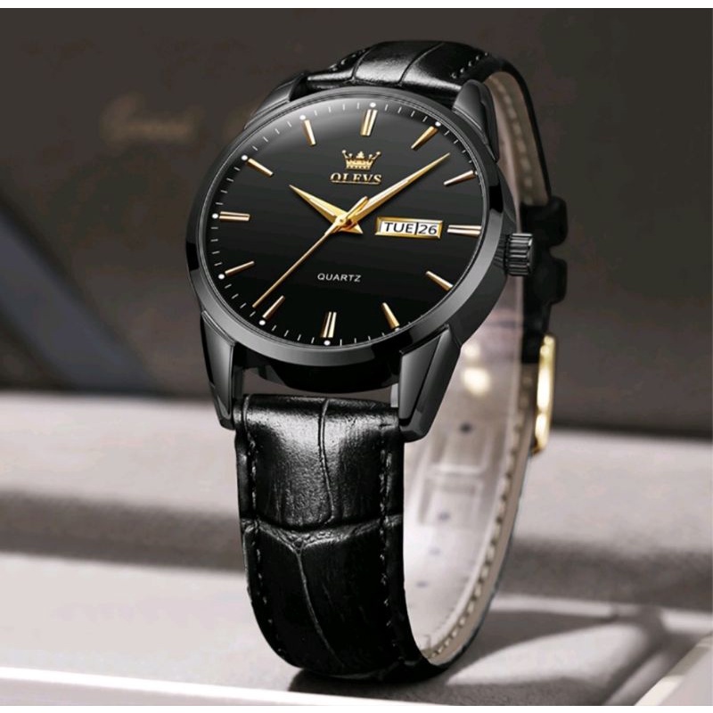 OLEVS Jam Tangan Pria Original Anti Air Kulit Analog Man Witch Hitam