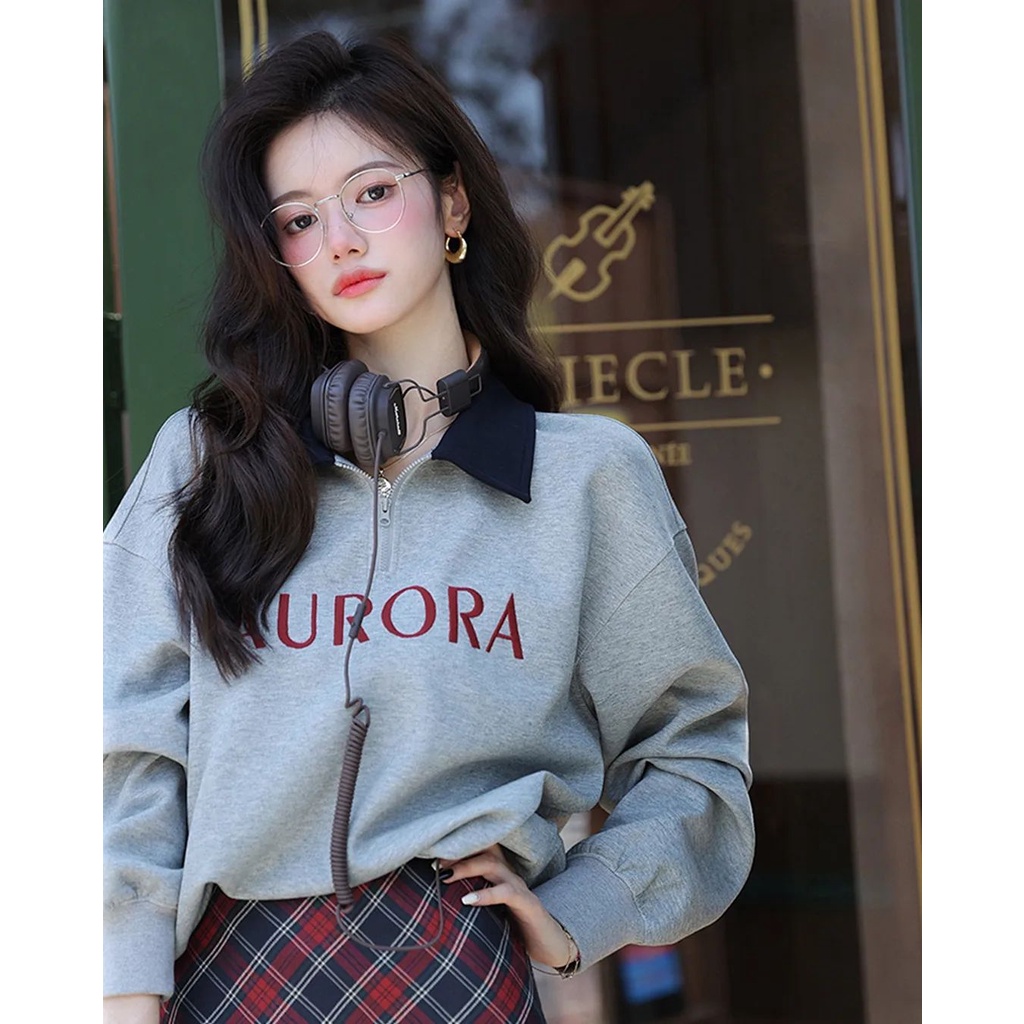 4539 Sweater Wanita Aurora Kerah Ziper sleting | Sweater Wanita Oversize Korean Style