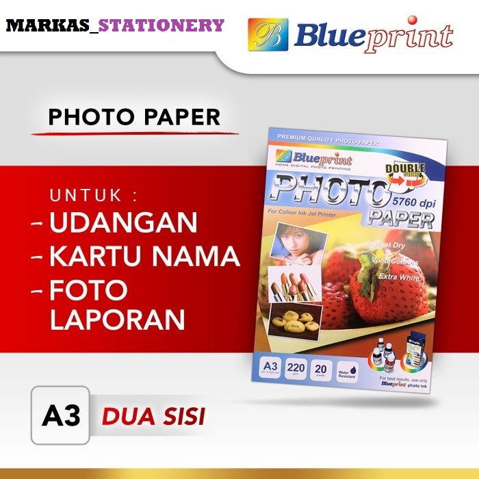

Kertas Foto A3 Double Side Photo Paper Glossy BLUEPRINT 220 Gsm 20 Lbr