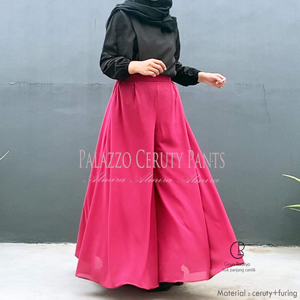 Celana Kulot Panjang  Payung Lebar Wanita Muslimah  Polos Palazzo Sifon Chiffon Ceruty Pants Almira