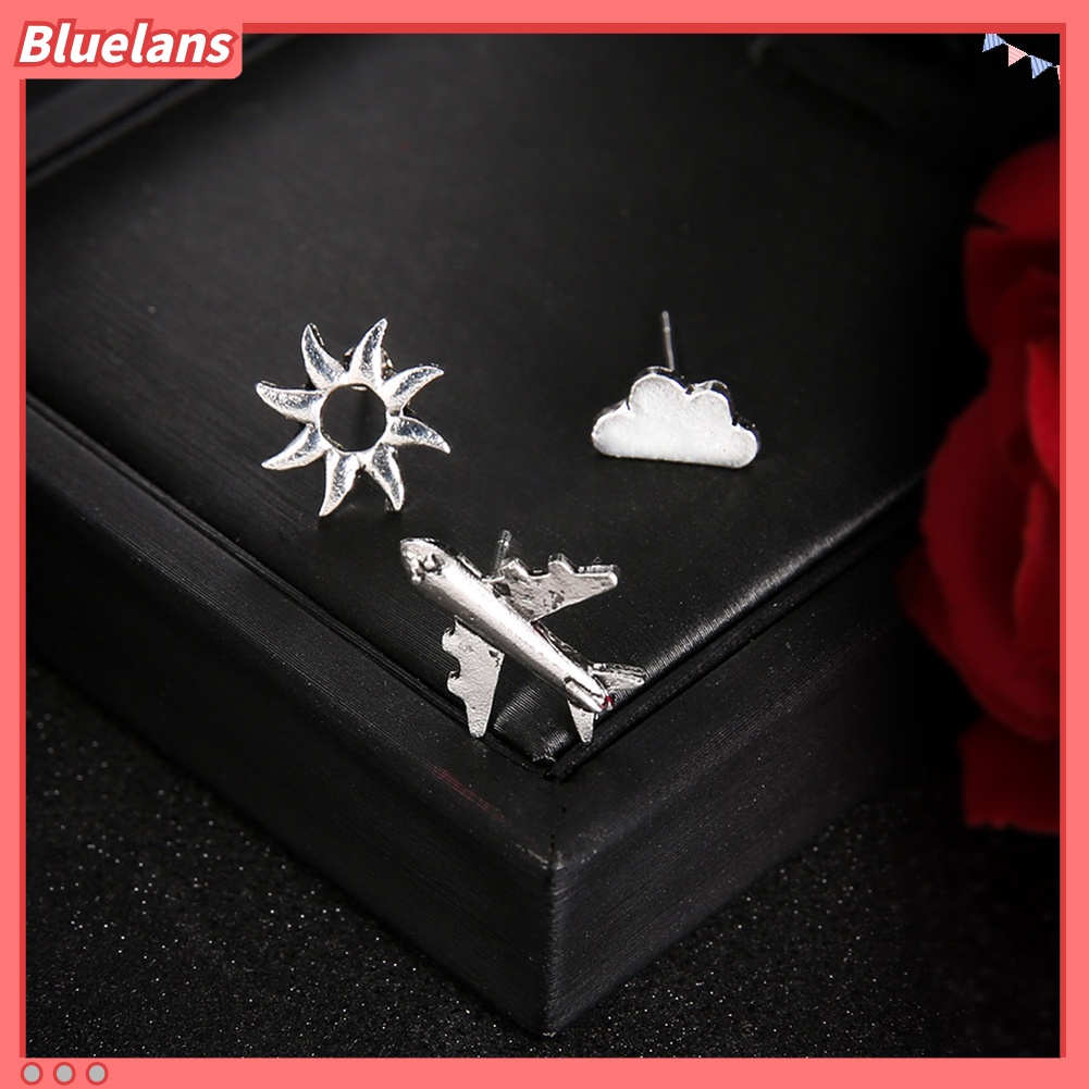 Bluelans 3Pcs Anting Tusuk Wanita Desain Pesawat / Awan / Matahari Untuk Pesta / Hadiah