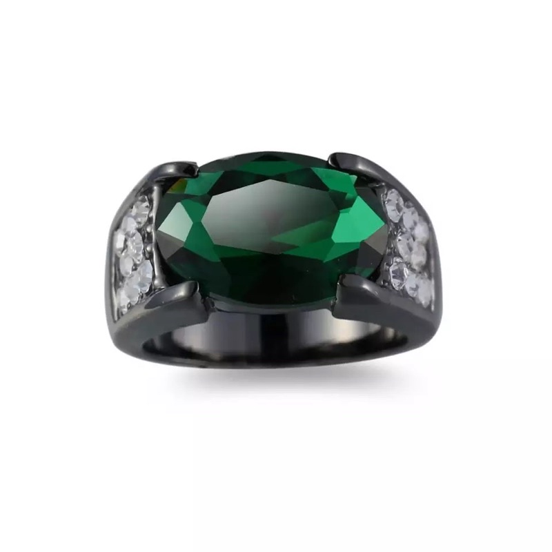 Cincin Batu Zamrud Sintetis Hijau Botol Cubic Zirconia Ring Black Platted Mewah Minimalis