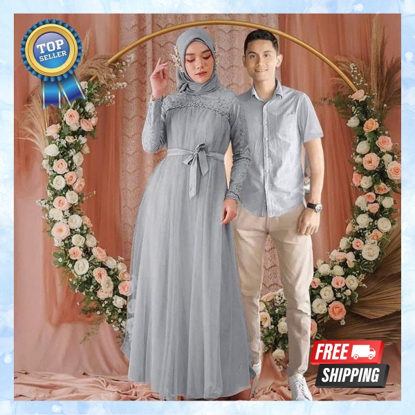 Premium Gamis Couple Lebaran Mewah Pesta Pasangan Gamis Sarimbit Keluarga Suami Istri Free Jilbab / 