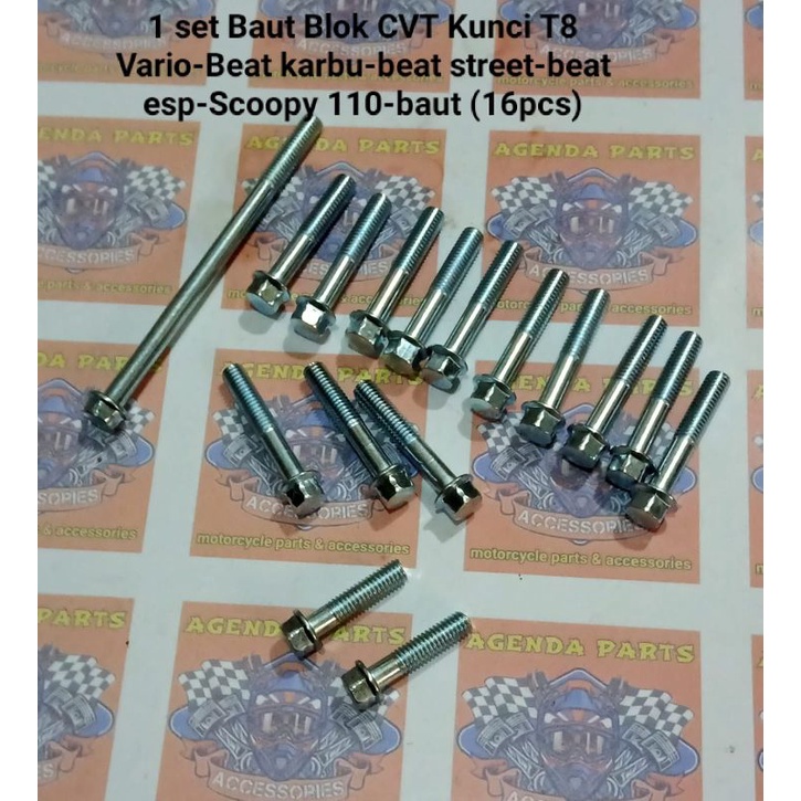 1 set Baut Blok CVT Kunci T8 Vario-Beat karbu-beat street-beat esp-Scoopy 110-baut (16pcs)