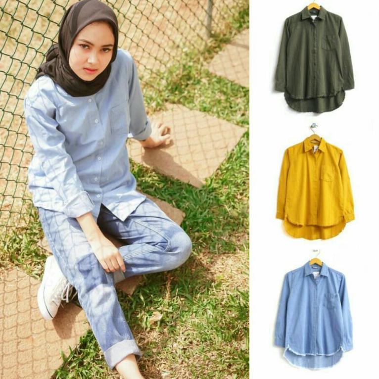 MMS.31Oc22ᶻ ‑ HnM Army denim Kemeja Polos Wanita Baju Kantor Lengan Panjang Cewek Formal Pakaian Ker
