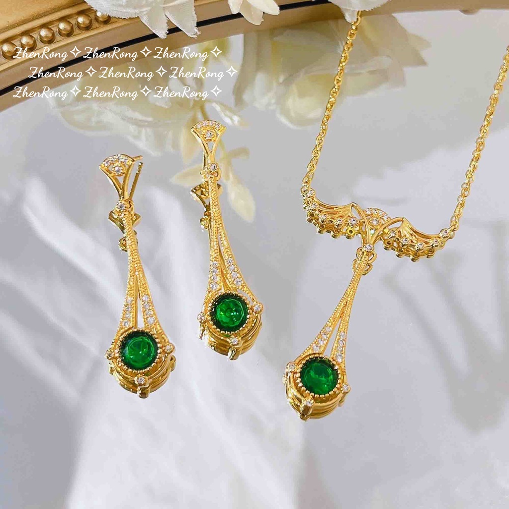 Goldkingdom Fashion Perhiasan Emas Asli Kadar 375 Bangkok Aksesoris Ready Stock French Vintage Ringan Mewah Jelly Kacang Kalung Chic Sayap Malaikat Set Emerald Earrings