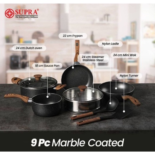 Supra Cookware Set 9 Pcs Black Marble Coated -Panci Set Renata Moeloek