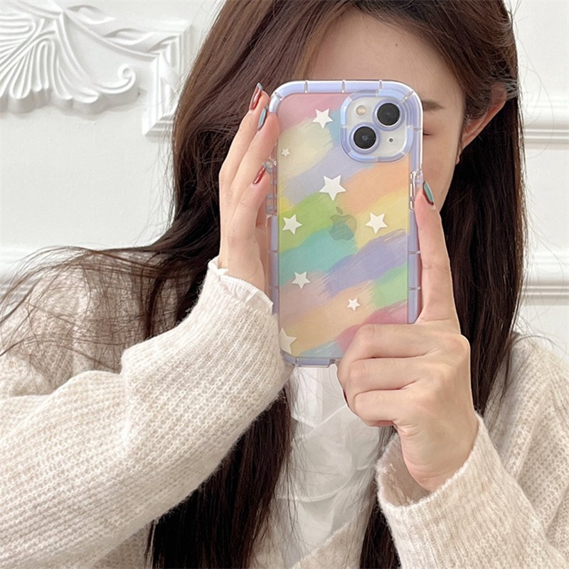 Casing Soft Case Motif Pelangi + Bintang Untuk IPhone Xr Xs Max 11 12 13 14 Pro Max 14 Plus CASING KESING HP IPHONE FOR GIRL