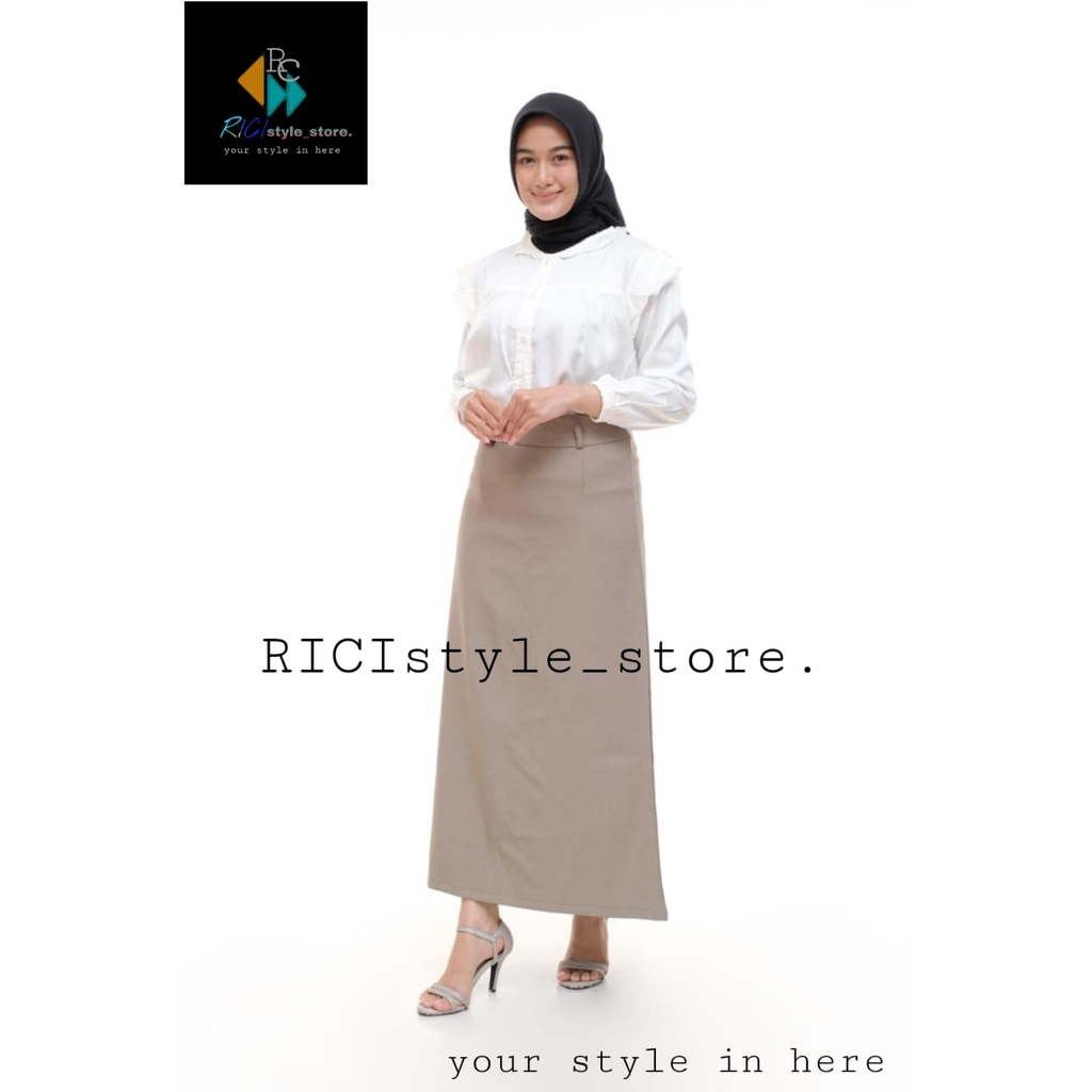 ELMEZZ-Rok Kerja Formal Wanita Klok A Resleting Samping Warna Khaki