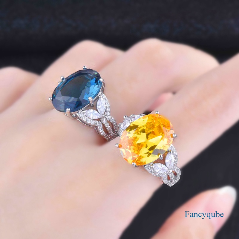 Fancyqube Cincin Berlian Imitasi Bentuk Oval Warna Kuning Biru Untuk Wanita