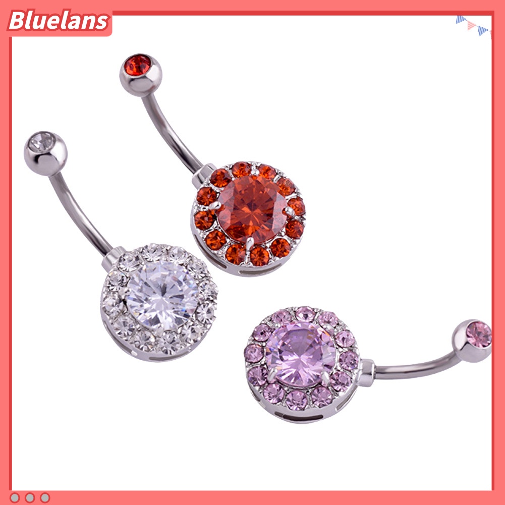 Bluelans Women Rhinestone Inlaid Round Pendant Barbell Navel Ring Body Piercing Jewelry