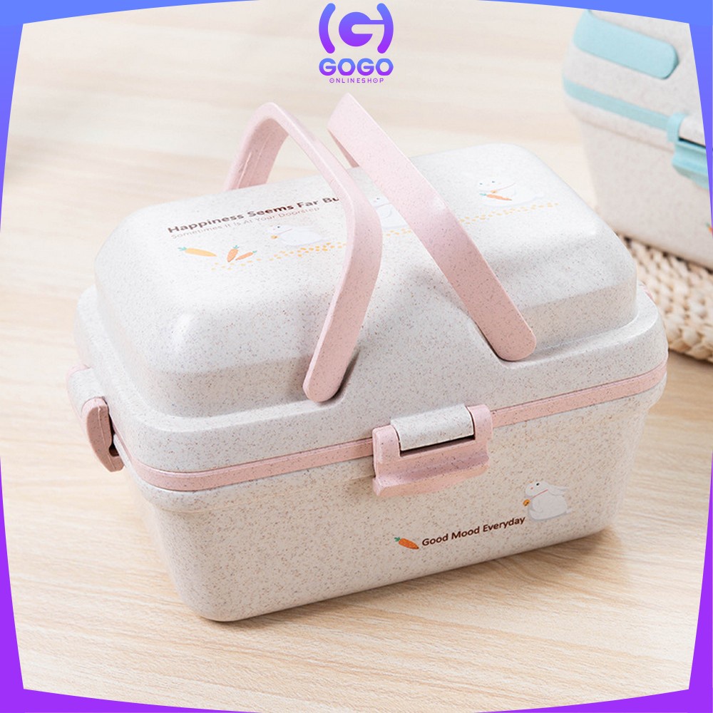 GOGO-C693 Tempat Makan Anti Tumpah Lunch Box Set Free Sendok Sumpit Bahan PP Jerami Gandum BPA FREE / Kotak Bekal Microwavable Bento Set Portable