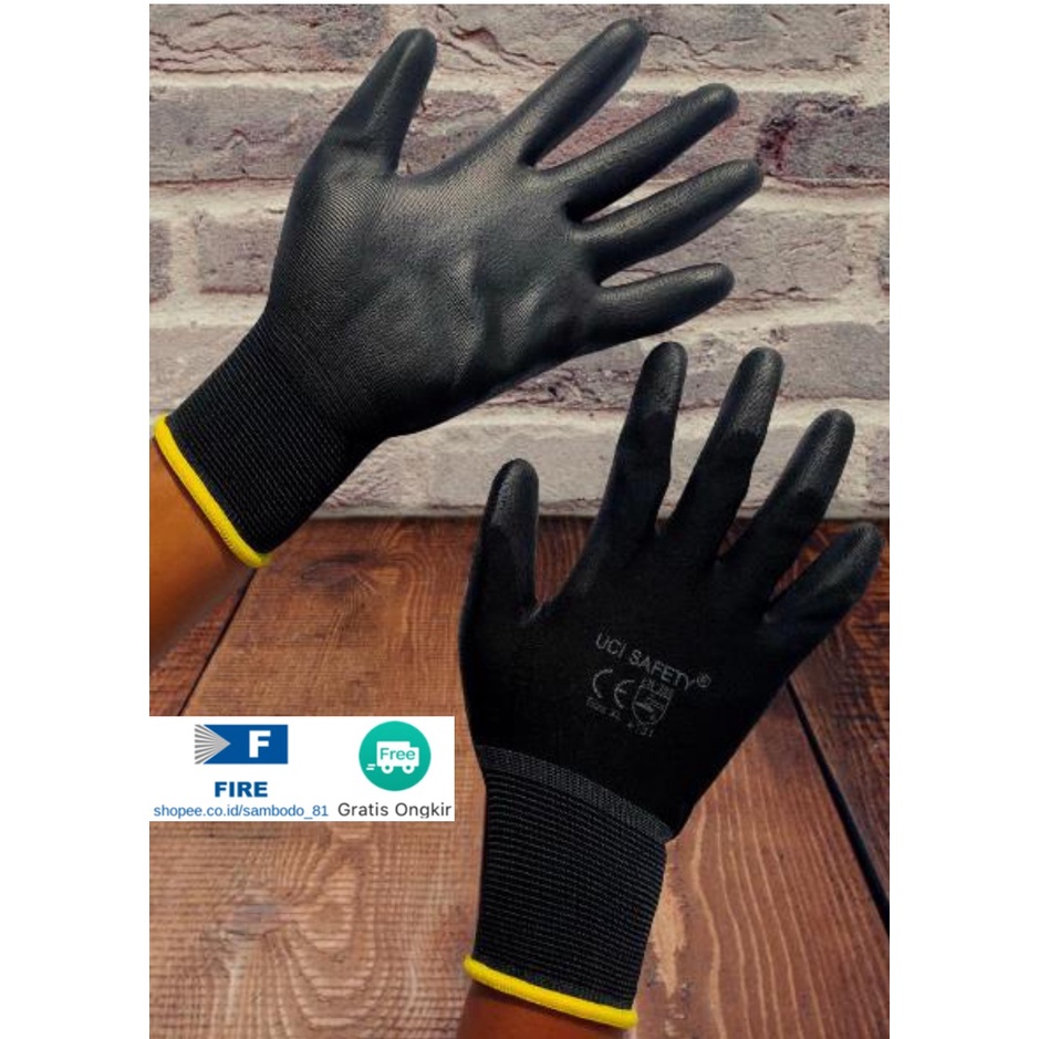 Sarung Tangan otomotif Bagunan Coating Karet Pengaman kerja Packing PU Statis Multitask Karet Palm Fit Ukuran S,M, L, XL Proyek Satpam Anti Slip Hitam Black Hand Gloves Mekanik