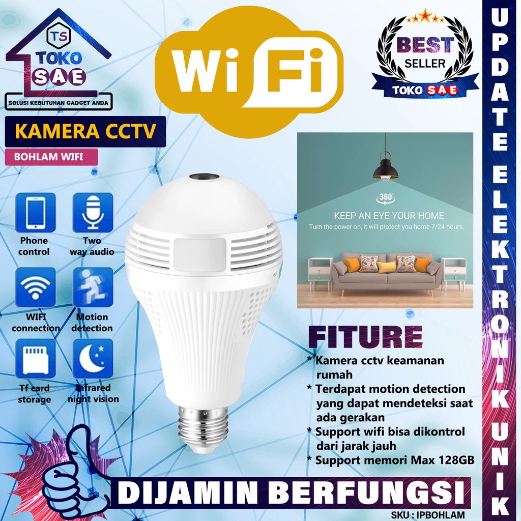 Smart IP Camera CCTV Bulb WiFi Panoramic Lampu Bohlam LED VR Spy Cam Motion Detection Kamera Pengawa