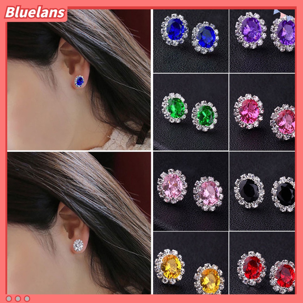 Bluelans Anting Stud Desain Bunga Aksen Berlian Imitasi Gaya Elegan Untuk Wanita