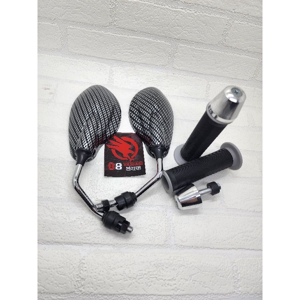 Paket 3 Item Spion X1 Karbon Terang Gagang Chrome + Handgrip Bulu Empuk Dan Jalu Stang Fu Chrome - Paket Motor Honda Yamaha Bisa