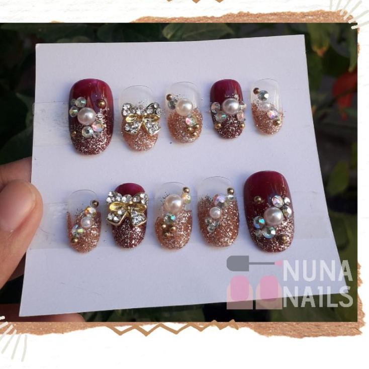 Kuku palsu maroon gold +lem kupal nail art wedding pengantin murah {GMD.18Oc22ᴮ}