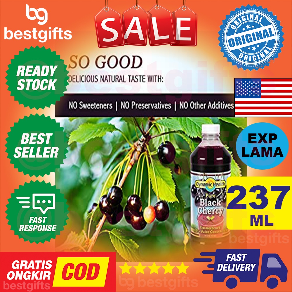 DYNAMIC HEALTH PURE BLACK CHERRY 100% UNSWEETENED JUICE CONCENTRATE JUS BLACK CHERRY ANTIOKSIDAN 16 FL OZ 237 ML