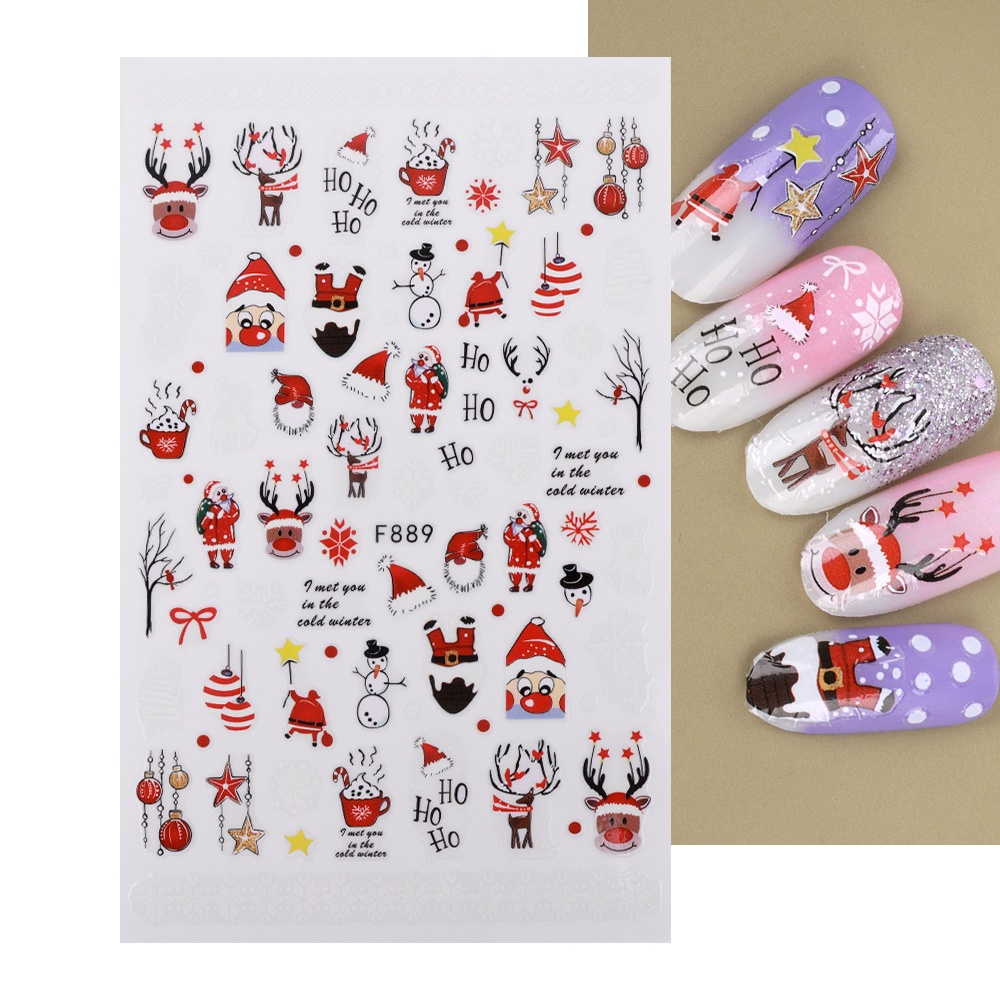 1 Lembar Stiker Kuku 3D Desain Kartun Snowflake Santa Claus Penguin Rusa Natal Untuk Dekorasi Nail Art