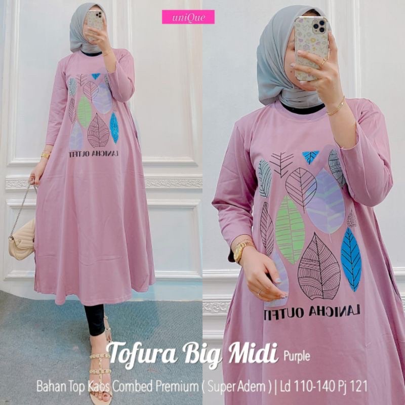 Tofura Gamis Midi Jumbo Cewek Dewasa Terbaru Bahan Combad Sablon Adem Leher Collar / Pakaian Wanita Muslim Jumbo Kekinian