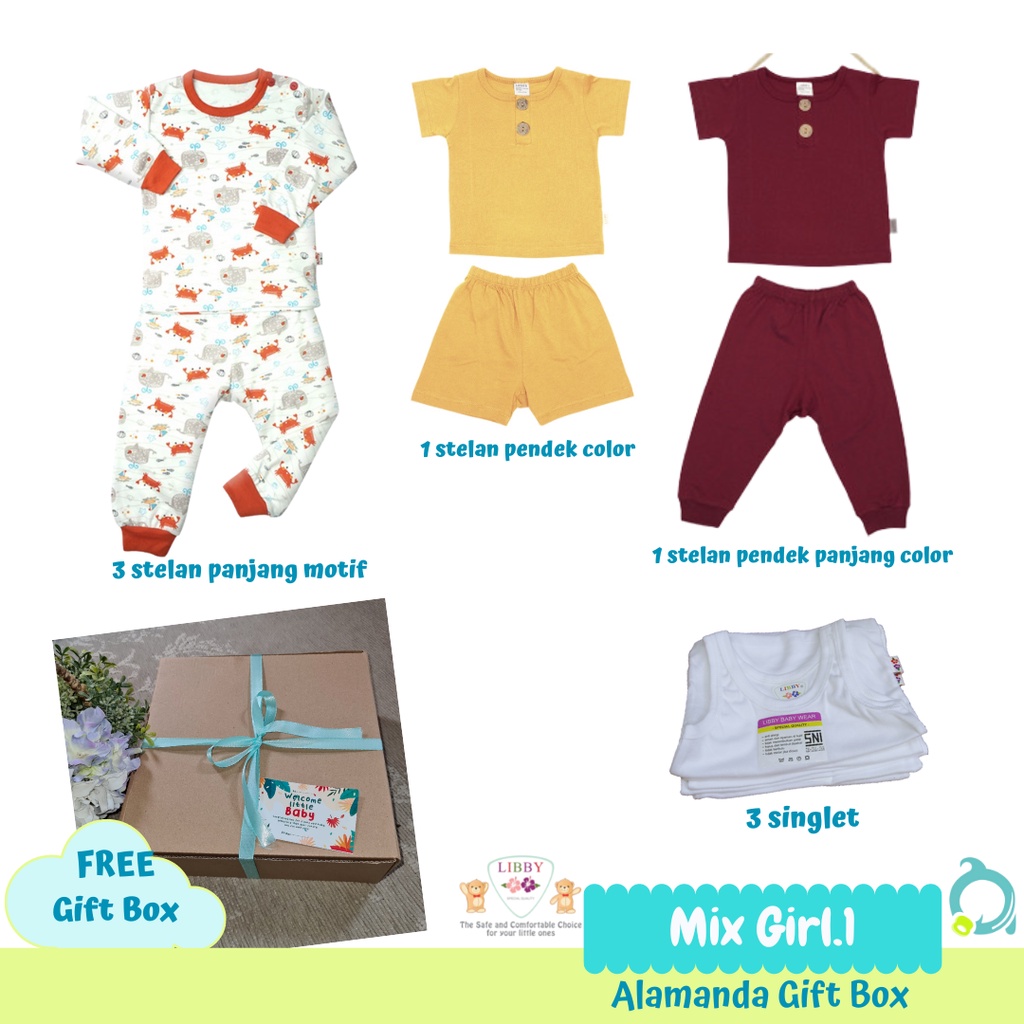 BABY GIFT BOX / HAMPERS (LIBBY) Setelan Panjang, Setelan Pendek, (Earth Color/Motif) Singlet Bayi 6-12m / 1-2y