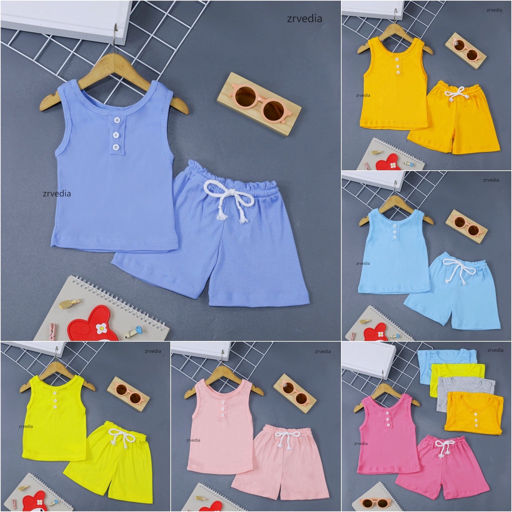 Set Tara Uk Bayi- 3 Tahun / Universal Bayi Laki &amp; Perempuan Setelan Singlet Kaos Lekbong Celana Pendek Baju Anak Baby Polos Import Kiosbalitaaprillia