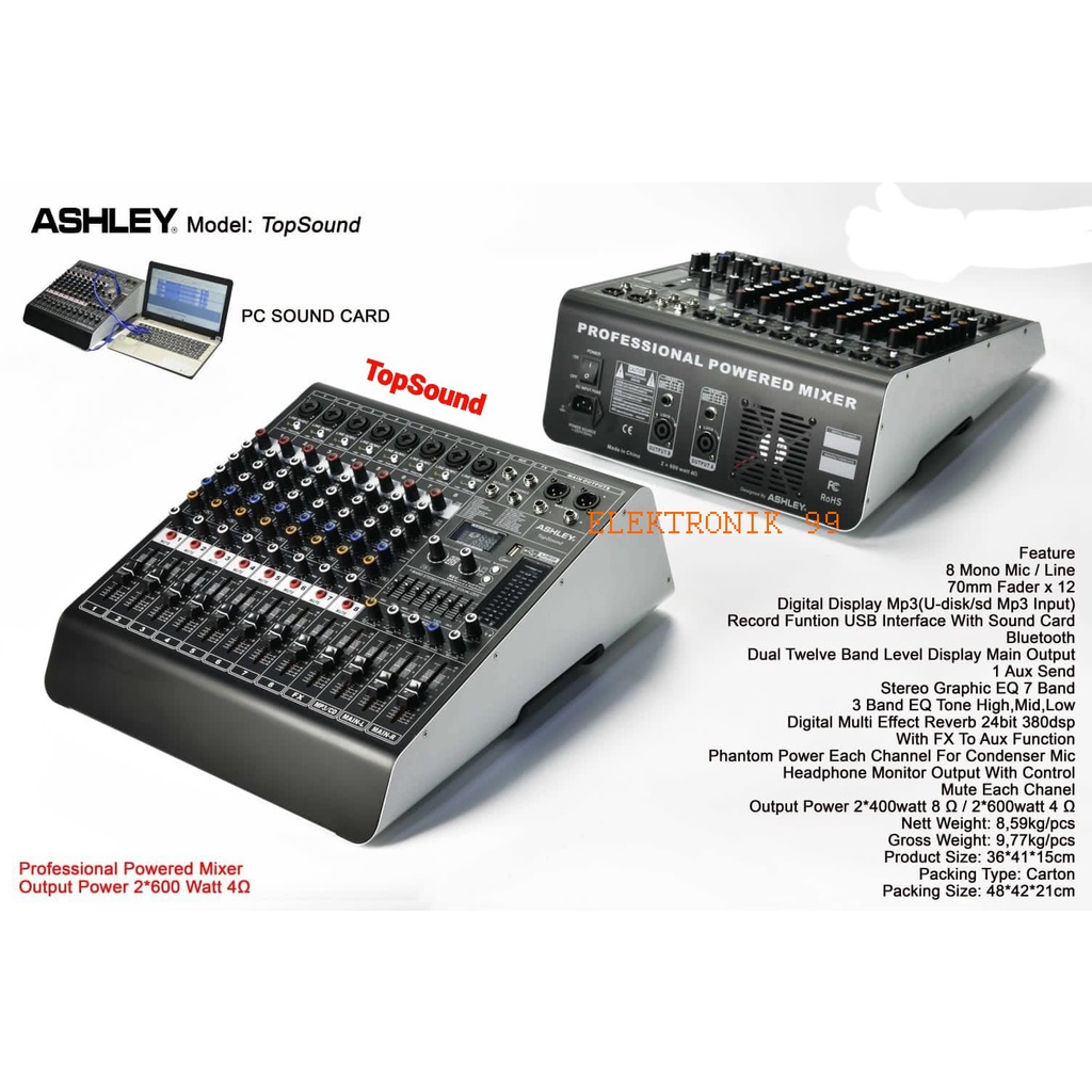 Power Mixer Ashley TopSound 8 Channel Bluetooth PC Soundcard Original