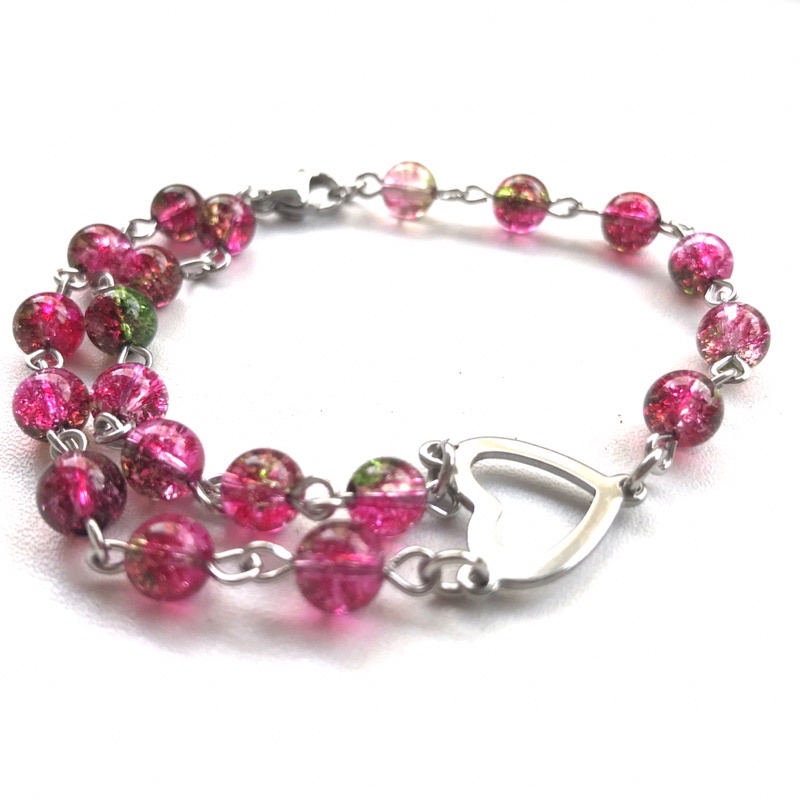 gelang hati heart batu alam watermelon 16-19 cm kualitas A anti karat untuk wanita