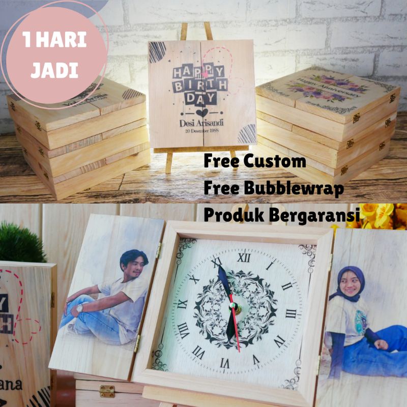JAM KOTAK KAYU CUSTOM FOTO TULISAN HADIAH KADO WISUDA PERNIKAHAN ULANG TAHUN ANNIVERSARY WEDDING SAU