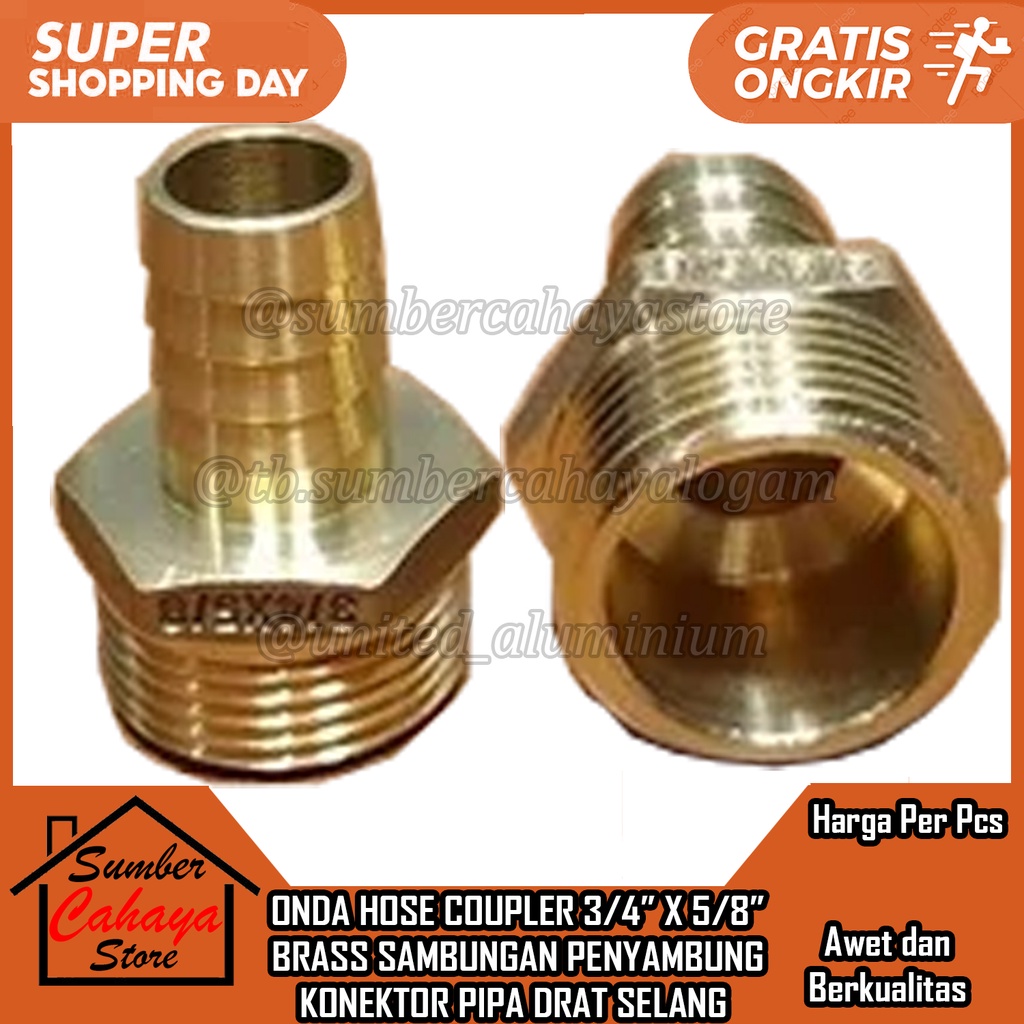 ONDA HOSE COUPLER 3/4” X 5/8” KUNINGAN BRASS SAMBUNGAN PENYAMBUNG KONEKTOR PIPA DRAT SELANG SLANG BR