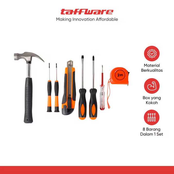 Taffware Alat Set Perkakas Palu Obeng Cutter Meteran tester listrik 8 in 1 ALAT PERTUKANGAN LENGKAP BOK TEBAL ALAT REPARASI