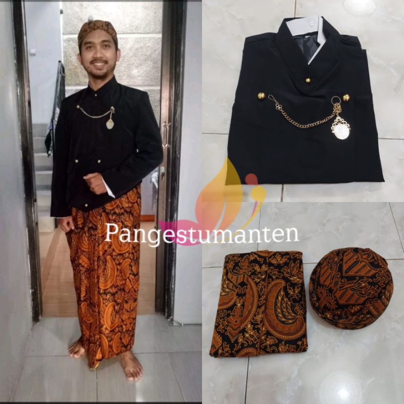 [SB8HT] Set Pakaian Adat Jawa - Beskap Solo Hitam +Jarik Instan + Blangkon Solo