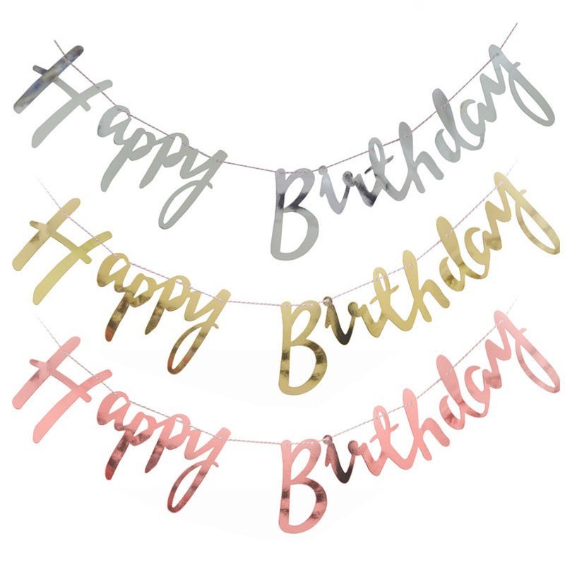 Banner Happy Birthday Tulisan Latin Sambung Gold Silver Rosegold Emas Perak Selamat Ucapan Ulang Tah