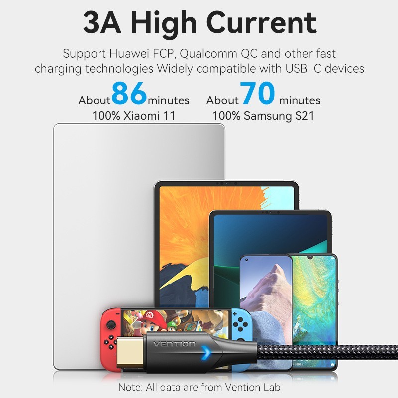 Vention Kabel Data USB A to Type C Braided 3A Fast Quick Super Charge
