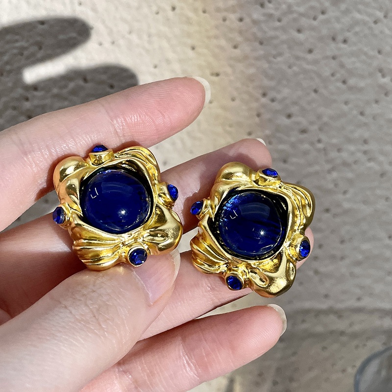 Anting Tusuk Bentuk Kotak Kaca Warna Biru Gaya Retro Untuk Wanita