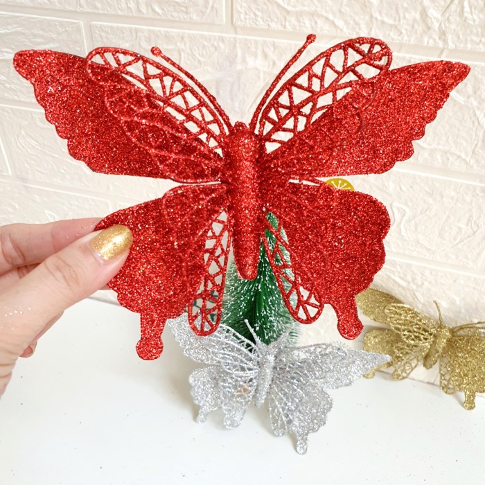 Hiasan Natal Kupu Kupu Dekor isi 3 Hiasan Parcel Pohon Natal Butterfly Merah Gold Harga Grosir Termurah